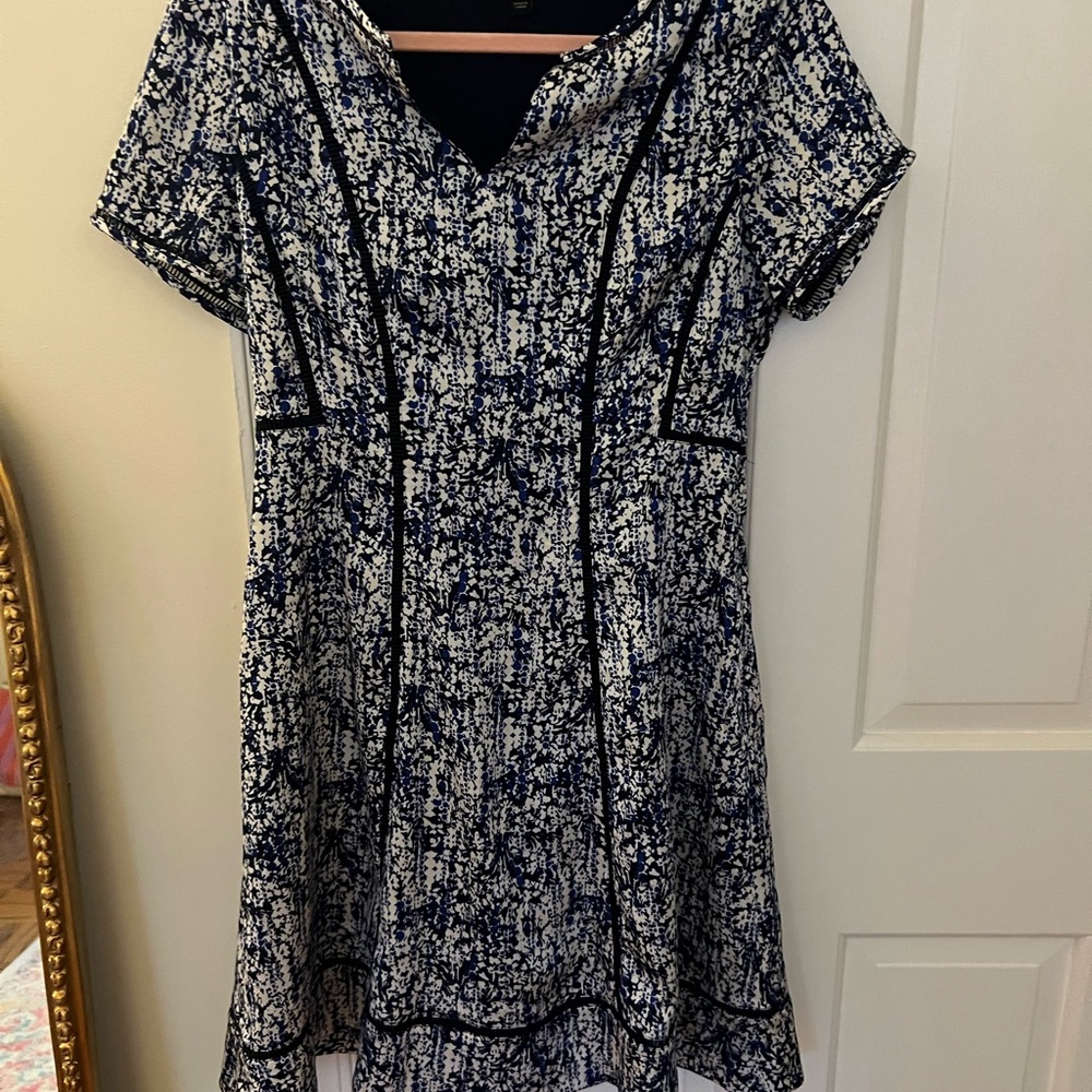 Banana Republic Print Embroidered-Trim Fit-and-Flare Dress, Royal Blue, Size: 6